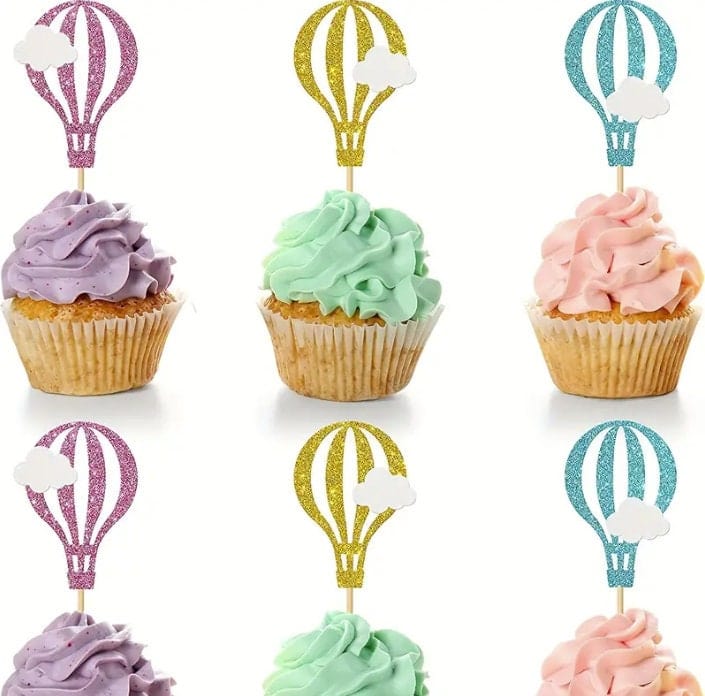 Hot Air Balloon with clouds Cake Toppers, Baby Shower Cupcake Toppers, Birthday, Travel Theme Party Cupcake Decor, Cake Decor Supplies