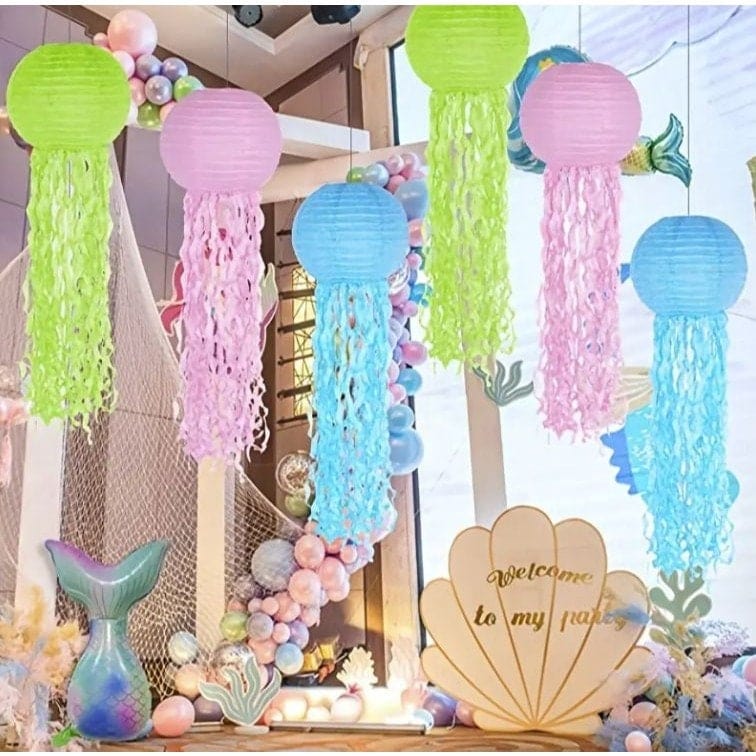 Jelly Fish Paper Lanterns, Pink Green Blue Hanging Lantern, Mermaid Unicorn Theme Party Supplies, Sea Ocean Birthday Party Decorations
