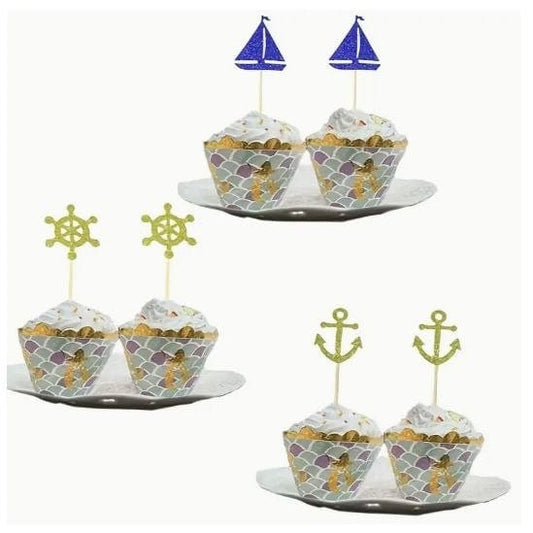 Nautical Glitter Cupcake Picks: Sea-themed Party Decorations