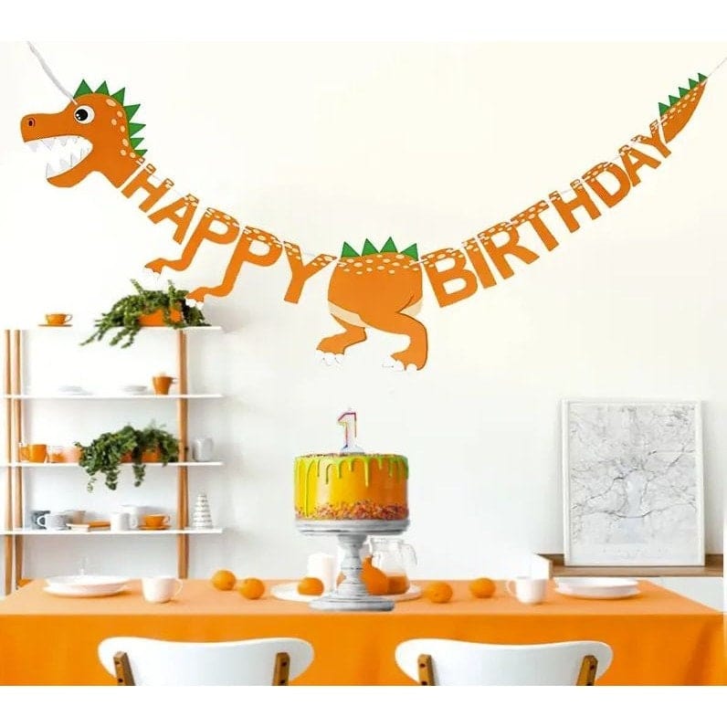 Orange Dinosaur Birthday Flag Decoration: Prehistoric Party Fun