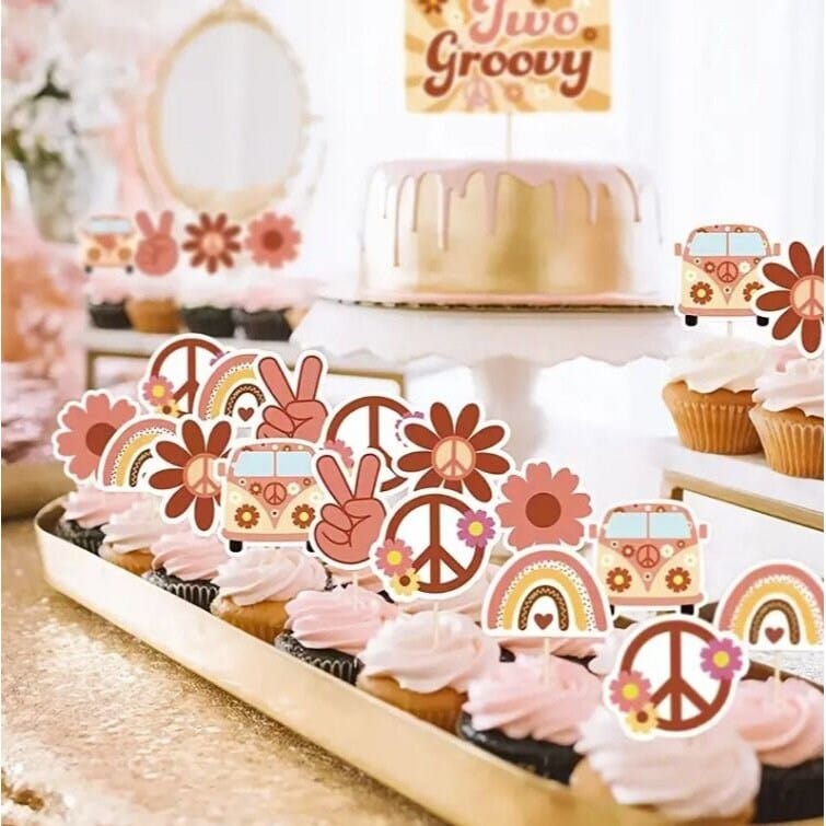 Peaceful Bohemian Vibes: Flower School Bus Cake Toppers - 60s Theme