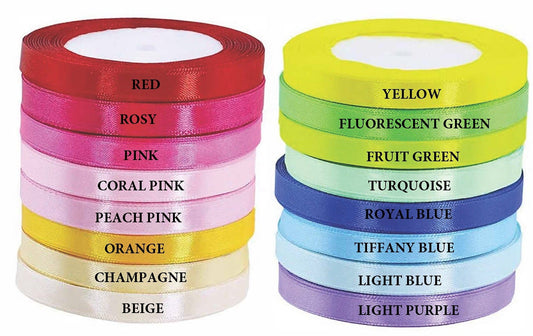 Satin ribbon made of high-quality polyester, double sided, .4" wide x 25 yrds, smooth surface giving texture, strength, great colors!