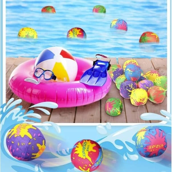 Water balls on pool deck and floating in water