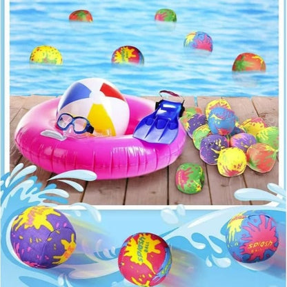 Water balls on pool deck and floating in water