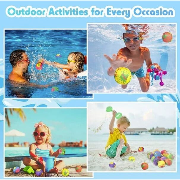 Kids playing with water balls around pool and at beach and with dad