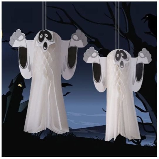 2 sizes of white ghosts with haunted castle in background 
